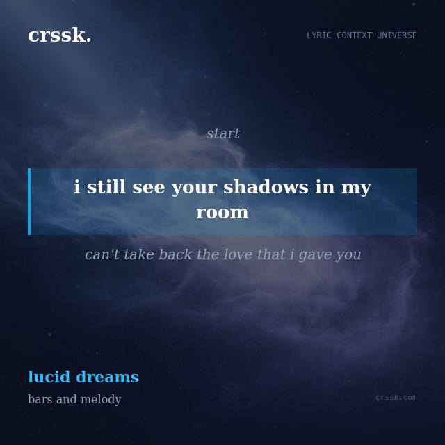 Exquisite lyric quote picture card for "i still see your shadows in my room" from the song "lucid dreams" by bars and melody