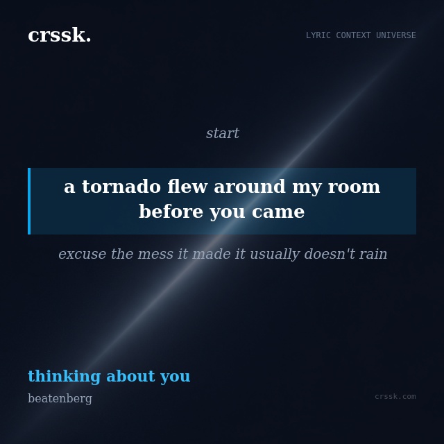 Exquisite lyric quote picture card for "a tornado flew around my room before you came" from the song "thinking about you" by beatenberg