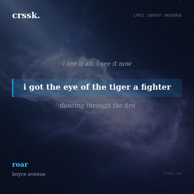 Exquisite lyric quote picture card for "i got the eye of the tiger a fighter" from the song "roar" by boyce avenue
