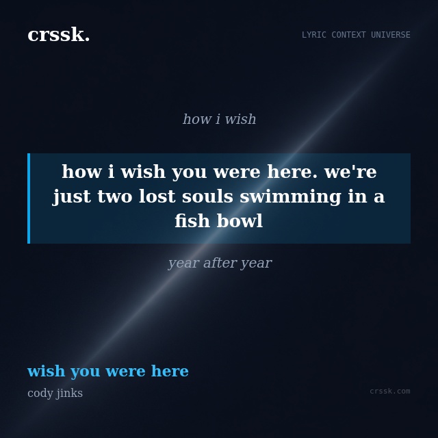 Exquisite lyric quote picture card for "how i wish you were here. we're just two lost souls swimming in a fish bowl" from the song "wish you were here" by cody jinks