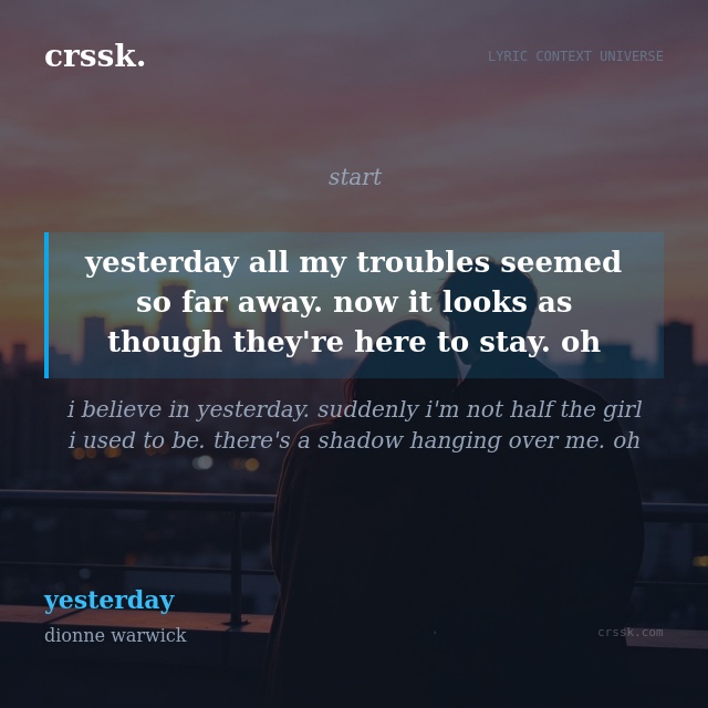 Exquisite lyric quote picture card for "yesterday all my troubles seemed so far away. now it looks as though they're here to stay. oh" from the song "yesterday" by dionne warwick