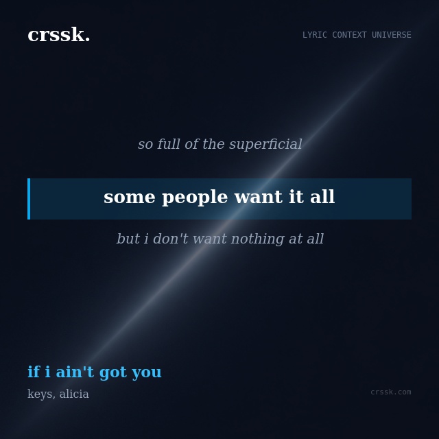 Exquisite lyric quote picture card for "some people want it all" from the song "if i ain't got you" by keys, alicia