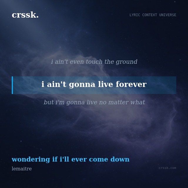 Exquisite lyric quote picture card for "i ain't gonna live forever" from the song "wondering if i'll ever come down" by lemaitre