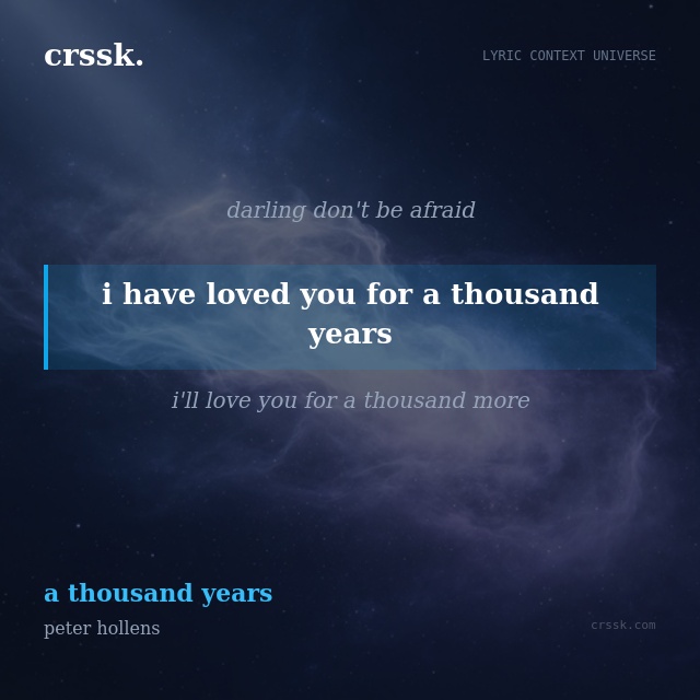 Exquisite lyric quote picture card for "i have loved you for a thousand years" from the song "a thousand years" by peter hollens