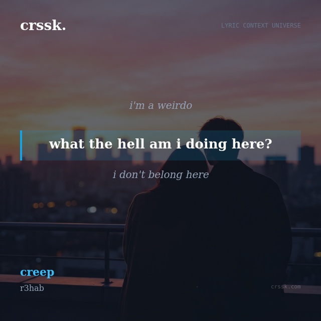 Exquisite lyric quote picture card for "what the hell am i doing here?" from the song "creep" by r3hab