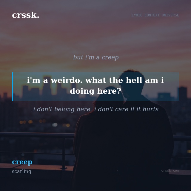 Exquisite lyric quote picture card for "i'm a weirdo. what the hell am i doing here?" from the song "creep" by scarling