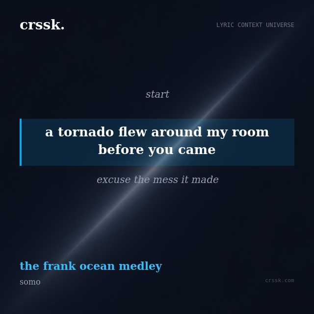 Exquisite lyric quote picture card for "a tornado flew around my room before you came" from the song "the frank ocean medley" by somo