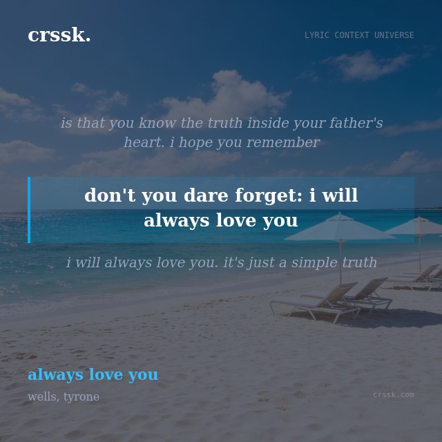 Exquisite lyric quote picture card for "don't you dare forget: i will always love you" from the song "always love you" by wells, tyrone